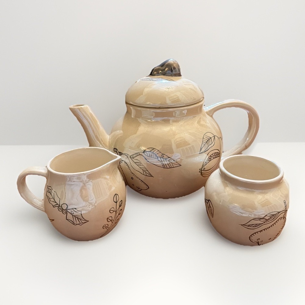 Bath & Body Works Vintage Foliage Teapot Cream Sugar Set Cream Design